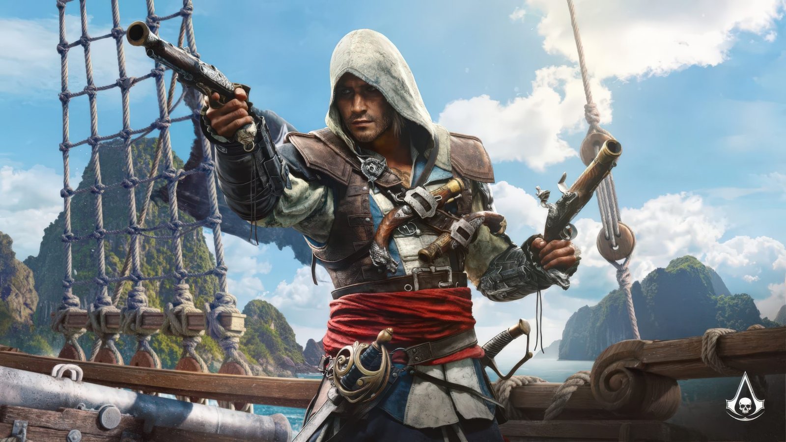 Assassin's Creed Black Flag Resynced gameplay screenshot, featuring Edward Kenway in a pirate ship, with a UK flag in the background, showcasing the game's pirate exploration and open world features, with a focus on the UK gaming scene