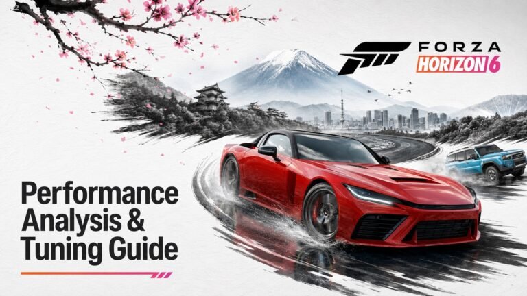 Forza Horizon 6 gameplay screenshot featuring a car racing on a UK road with detailed graphics and ray-traced reflections, showcasing the game's stunning visuals and immersive gameplay