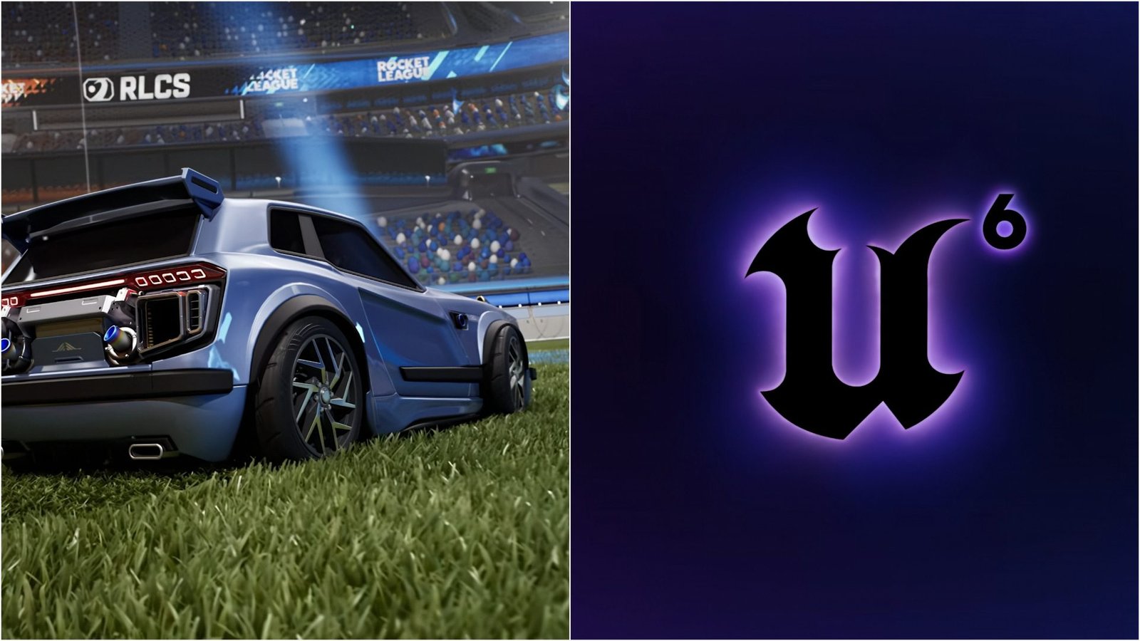 Unreal Engine 6 logo with a Rocket League theme, showcasing the new engine's capabilities and features, with a UK gaming twist
