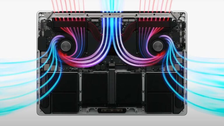 A close-up of the new vapor chamber in the redesigned 14-inch and 16-inch M6 MacBook Pro, with a UK flag in the background, highlighting the improved cooling capacity and faster performance
