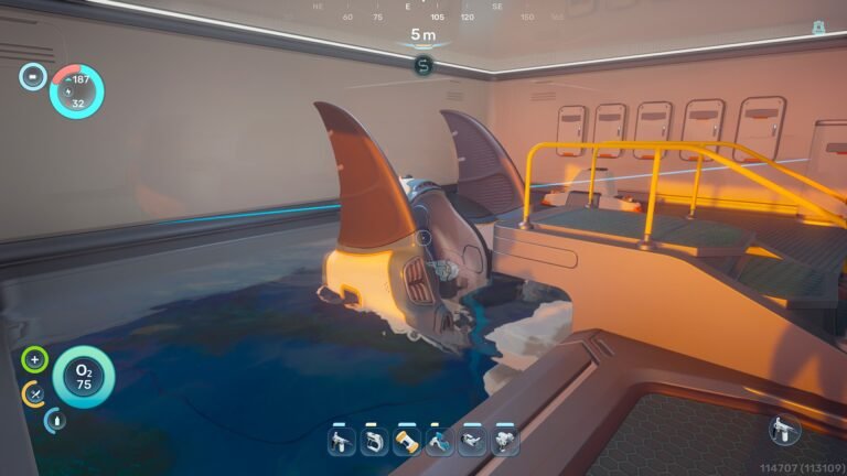 A screenshot of a player crafting a Tadpole in Subnautica 2, with a descriptive view of the alien ocean and its vibrant colour, showcasing the game's behaviour and mechanics
