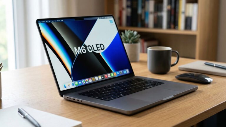 A close-up of the M6 Pro MacBook Pro's OLED screen featuring Samsung's innovative Privacy Display technology, providing users with enhanced privacy and security in the UK