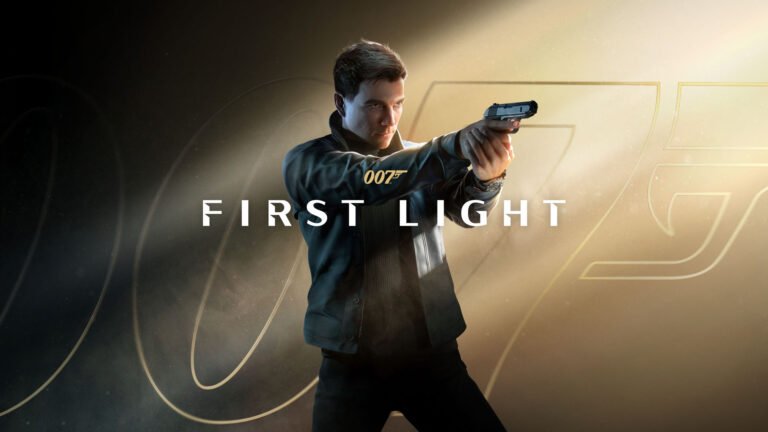 James Bond in action, with a gun and a determined look on his face, set against a backdrop of a UK cityscape, with a colour scheme that reflects the game's themes and style, showcasing the primary keyword, 007 First Light