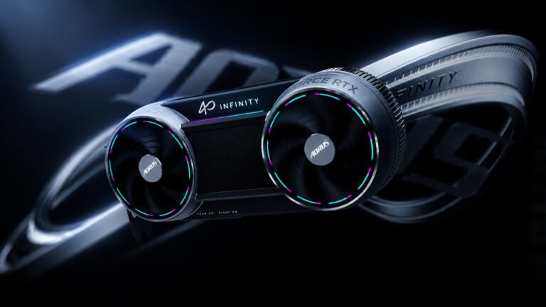 GIGABYTE RTX 50 AORUS Infinity graphics card with WINDFORCE Hyperboost cooling system, available in the UK, featuring a unique circular design and powerful cooling system, with a focus on RTX 50 and AORUS Infinity