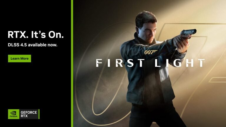 NVIDIA DLSS 4.5 logo with a UK gaming background, featuring HEAT, 007 First Light and Starminer game characters and scenery, showcasing the technology's ability to deliver fast frame rates and breathtaking graphics
