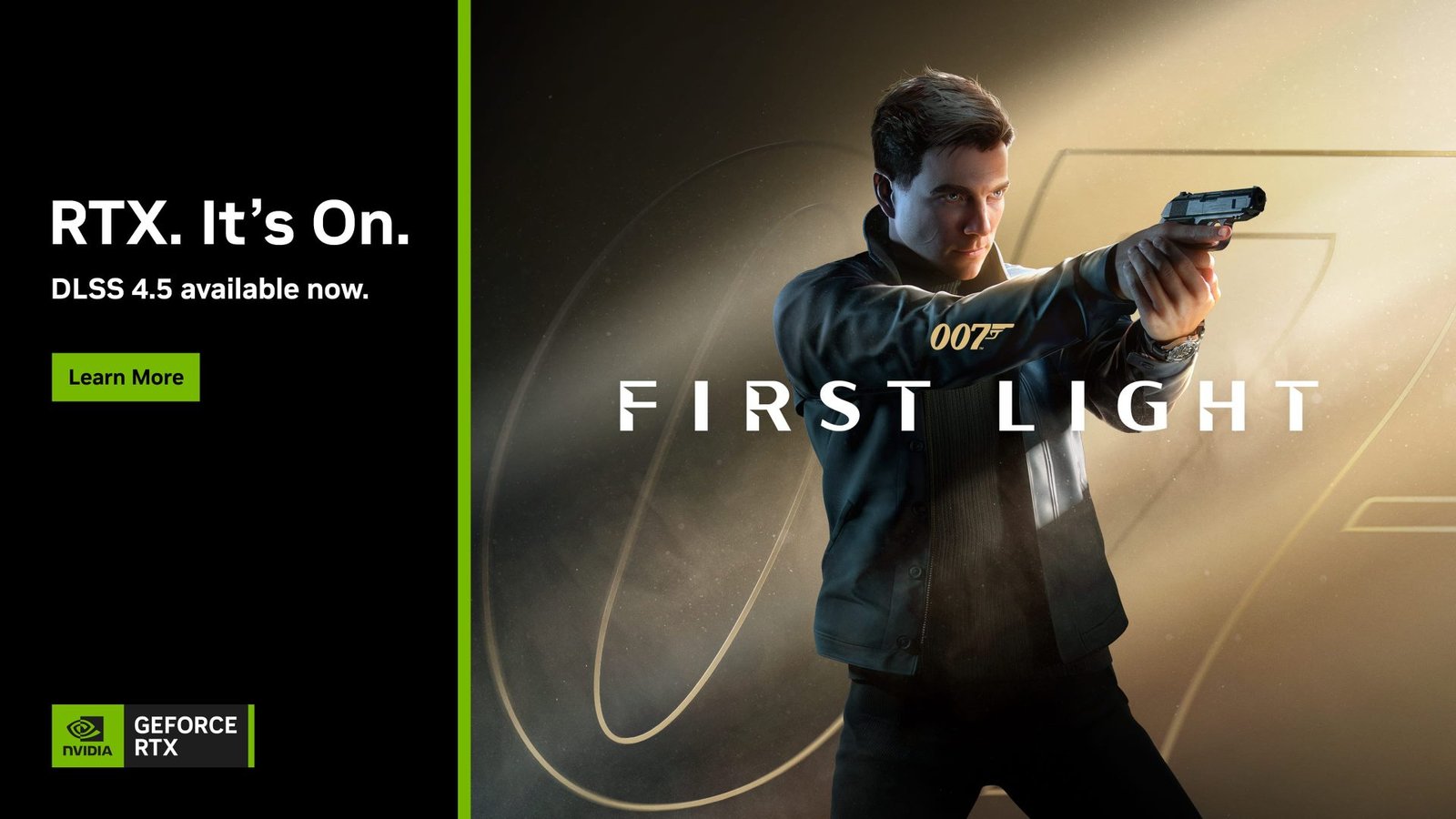 NVIDIA DLSS 4.5 logo with a UK gaming background, featuring HEAT, 007 First Light and Starminer game characters and scenery, showcasing the technology's ability to deliver fast frame rates and breathtaking graphics