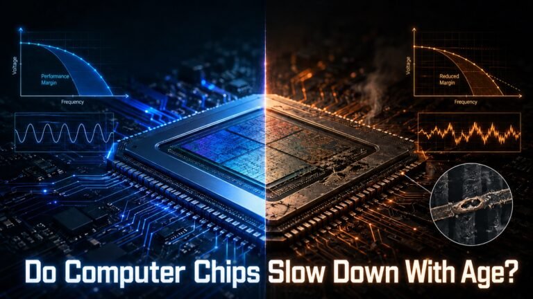A close-up of a computer chip with a clock in the background, symbolizing the passage of time and the aging process of silicon, a key component in UK computer hardware