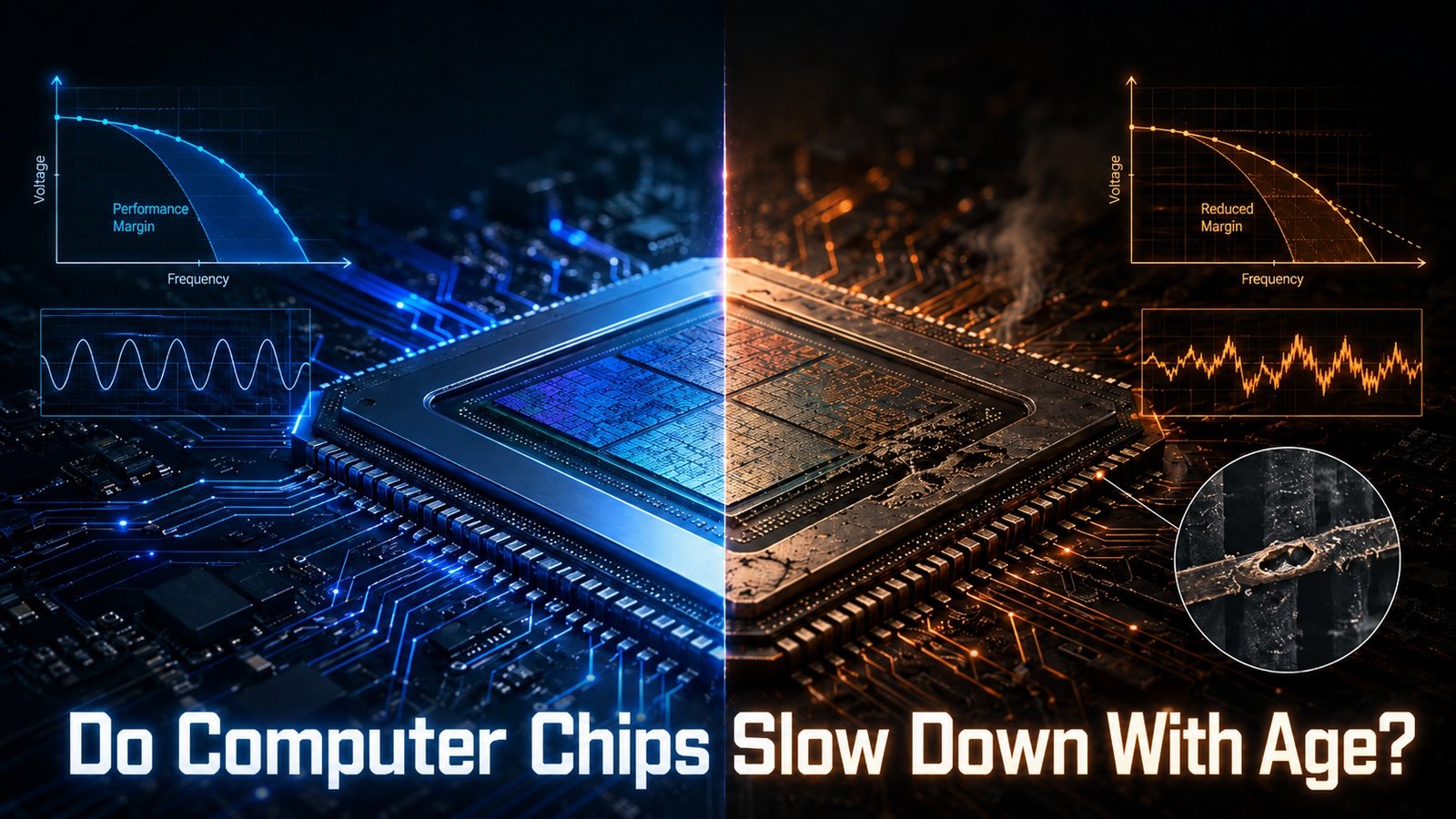 A close-up of a computer chip with a clock in the background, symbolizing the passage of time and the aging process of silicon, a key component in UK computer hardware