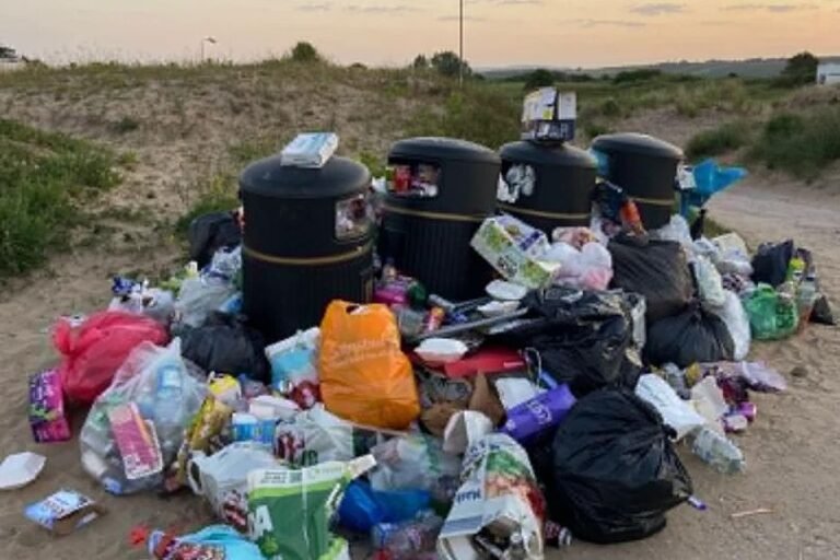 A beach in Wales littered with plastic waste and debris, highlighting the need for improved waste management and recycling practices to conserve marine life and promote eco-friendly behaviour