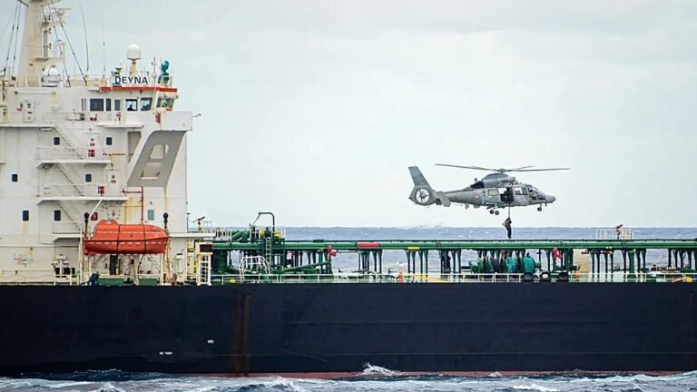 A Russian shadow fleet tanker being intercepted by French authorities, highlighting the country's commitment to maritime safety and compliance with international laws, as part of its efforts to tackle the Russian shadow fleet