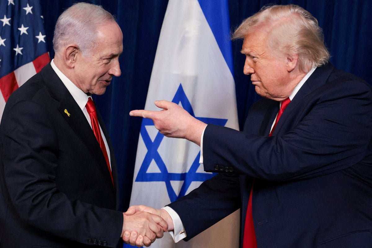Donald Trump and Benjamin Netanyahu in a heated conversation, with a subtle background of the Israeli and US flags, symbolising the complex US-Israel relationship and the potential consequences of their actions on international politics