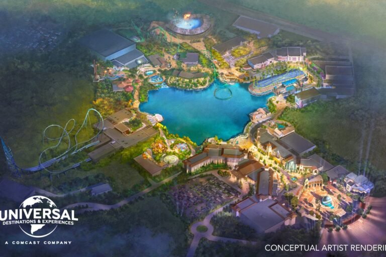 Aerial view of the Universal theme park in Bedford, showcasing its spectacular theming and attractions, with a focus on entertainment and tourism in the UK