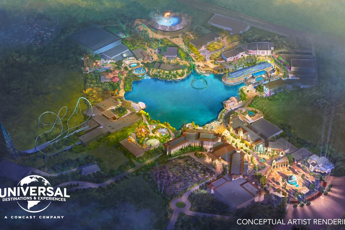Aerial view of the Universal theme park in Bedford, showcasing its spectacular theming and attractions, with a focus on entertainment and tourism in the UK