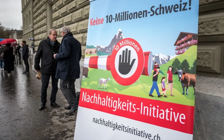 Aerial view of Switzerland's landscape, with a focus on the country's natural beauty and the potential impact of population growth on the environment, highlighting the need for sustainable development and population control measures