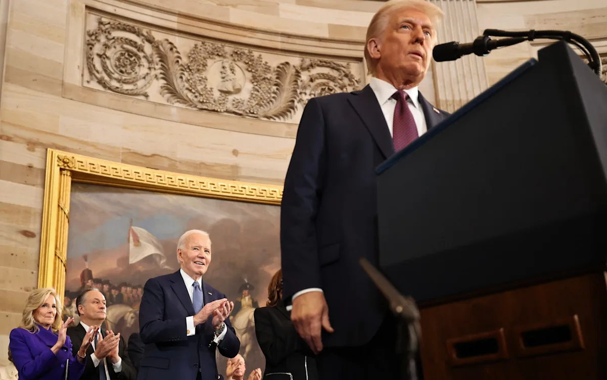 US presidential seal with a split image of Biden and Trump, symbolising the comparison between the two leaders, with a subtle colour scheme representing their differing policies and approaches to governance, highlighting the primary keyword of US presidential comparison