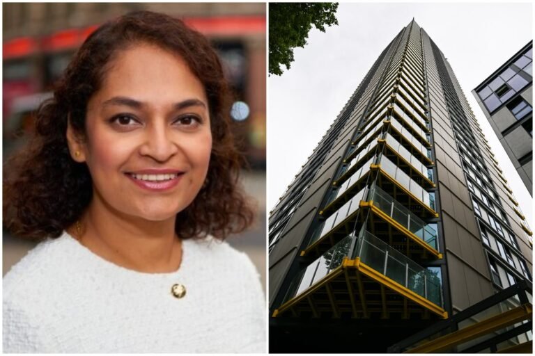 A luxury London tower block, scene of a tragic incident where a family of three lost their lives in a fatal fall from the 36th floor, with a focus on the primary keyword phrase 'luxury tower block'
