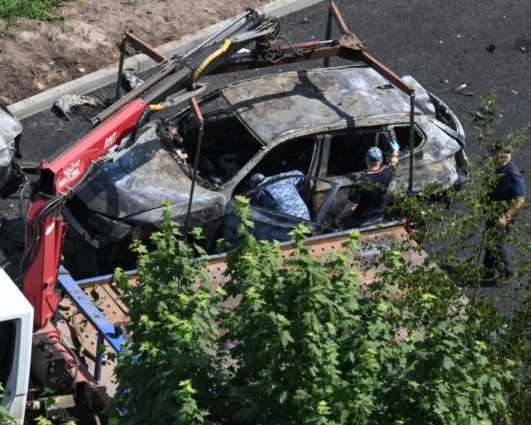 A destroyed car in Moscow after a car bomb explosion killed a Russian ammunition chief, highlighting the escalating violence and instability in the Ukraine war, with the primary keyword being Ukraine war