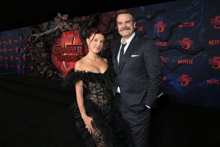 David Harbour and Millie Bobby Brown on the set of Stranger Things, a popular TV drama that has captured the hearts of audiences worldwide, with a focus on the complex behaviour and relationships between the characters