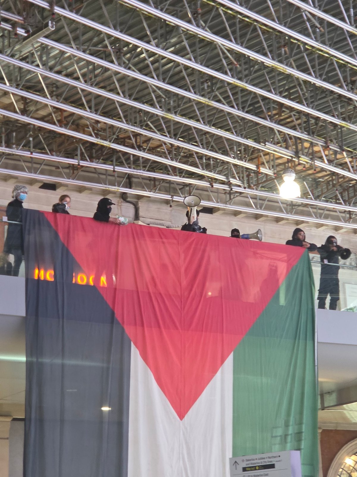 Pro-Palestine protesters holding signs and banners at Waterloo station during evening rush hour, with a large crowd of commuters in the background, the atmosphere is tense but peaceful, the protesters are calling for an end to the Israeli-Palestinian conflict and a peaceful resolution to be reached, the scene is one of solidarity and determination