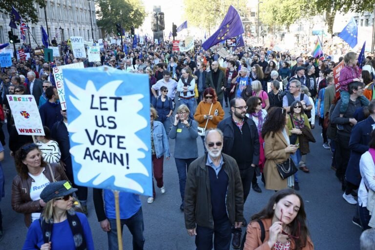 A crowd of people gathered in front of the UK Parliament building, holding signs that read 'Second Vote Now' and 'Reform Brexit', as the sun sets behind them, casting a warm orange glow over the scene, with a glimpse of the EU flag in the background, symbolising the complex and multifaceted nature of the Brexit debate