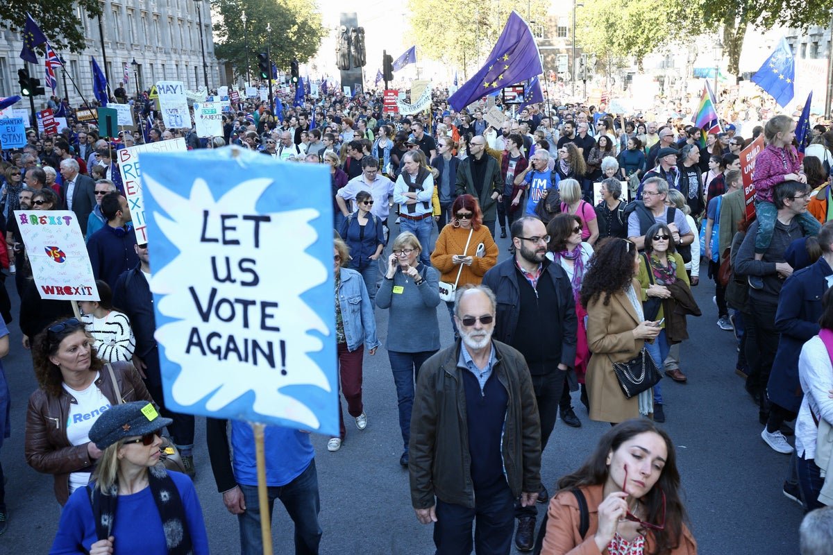A crowd of people gathered in front of the UK Parliament building, holding signs that read 'Second Vote Now' and 'Reform Brexit', as the sun sets behind them, casting a warm orange glow over the scene, with a glimpse of the EU flag in the background, symbolising the complex and multifaceted nature of the Brexit debate