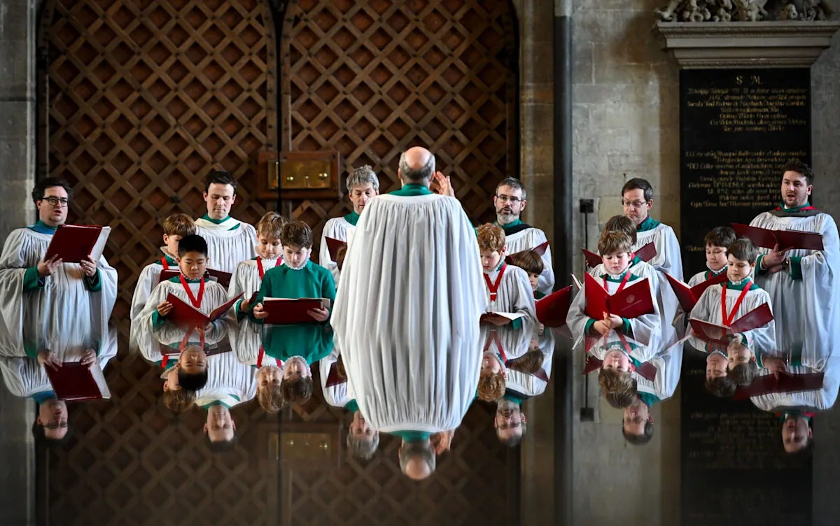 A choir singing hymns in a church, with a priest conducting, highlighting the importance of hymns in worship and the Church of England's efforts to preserve them, using music to bring people together and promote spiritual behaviour