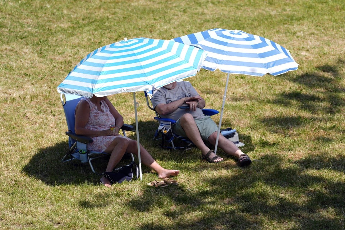 A descriptive image of a person enjoying the sunshine in a park, with a temperature gauge in the background showing high temperatures, illustrating the UK heatwave and the importance of sun safety and heat protection