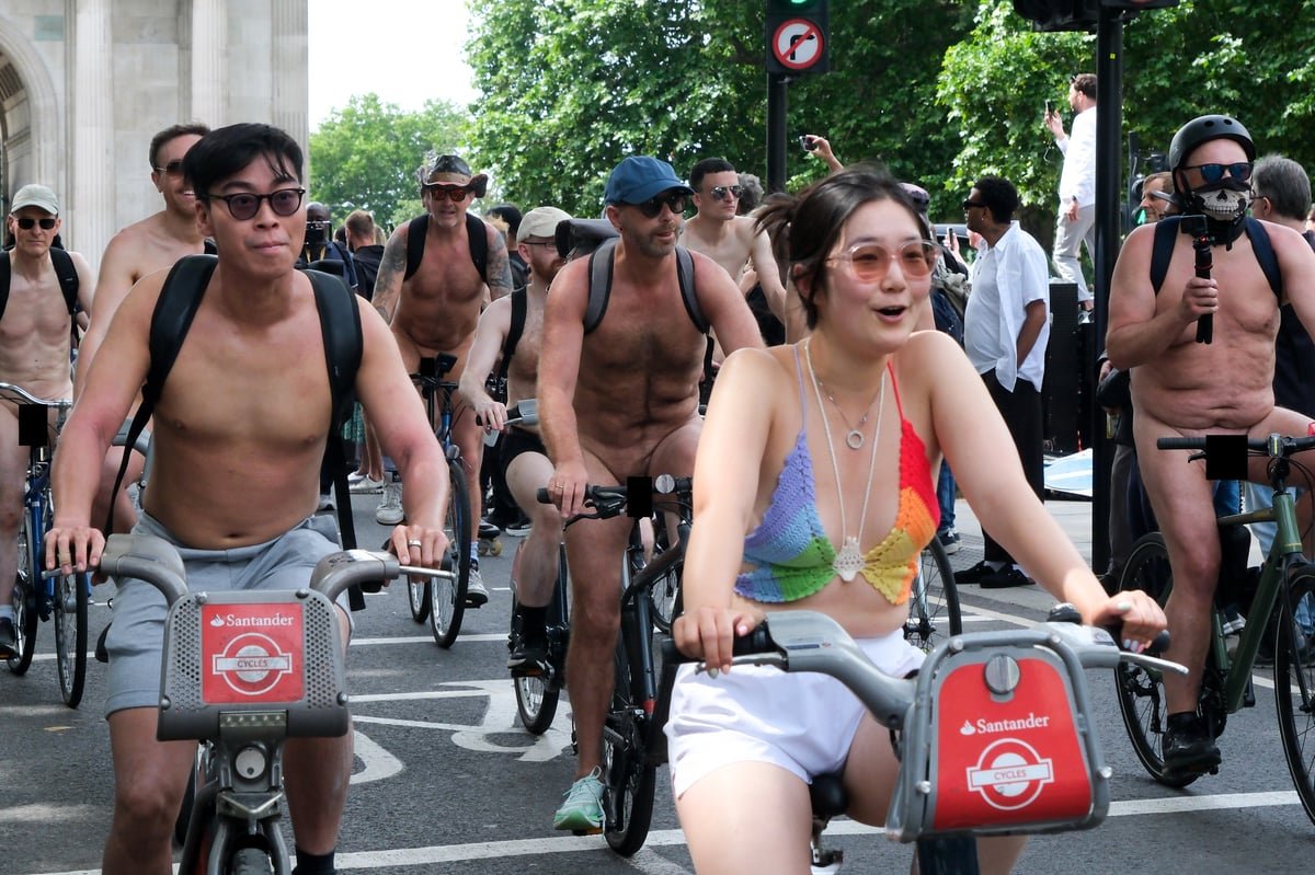 Hundreds of cyclists ride naked through central London as part of the World Naked Bike Ride, promoting cycling and sustainability with a unique and colourful display of bikes and bodies, the primary keyword being World Naked Bike Ride