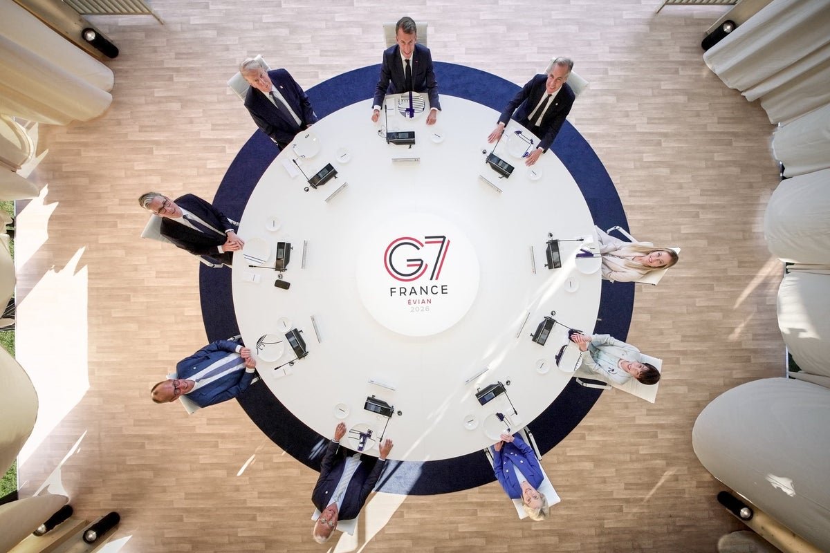 Aerial photo of G7 world leaders, including Trump, with a mix of emotions and expressions, set against a vibrant and colourful background, highlighting the intricacies of international diplomacy and global cooperation