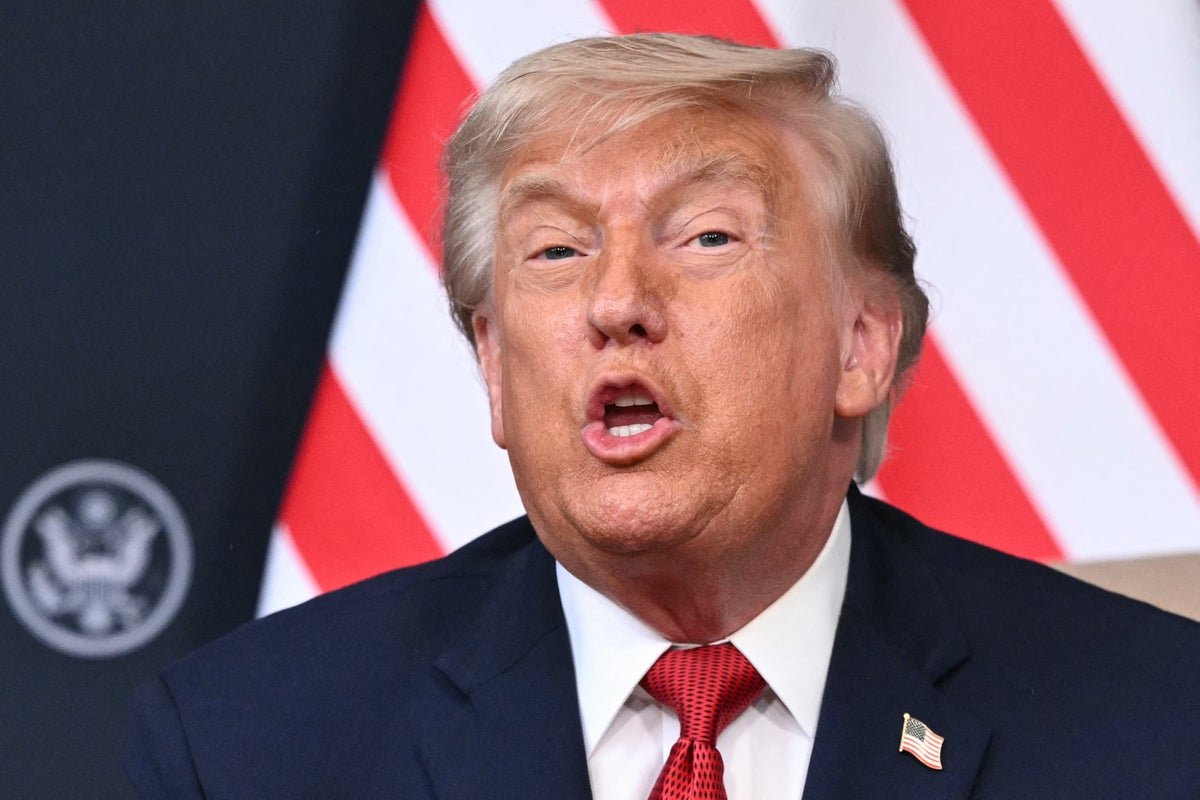 President Trump speaking at a press conference, with a backdrop of the US flag and a tense atmosphere, as he lashes out at Democrats and Republicans during a bitter standoff over a key White House nomination