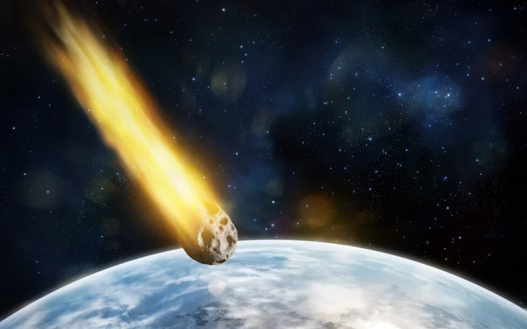 A massive asteroid hurtling through space, with the Earth visible in the background, highlighting the asteroid threat and the need for asteroid detection and tracking