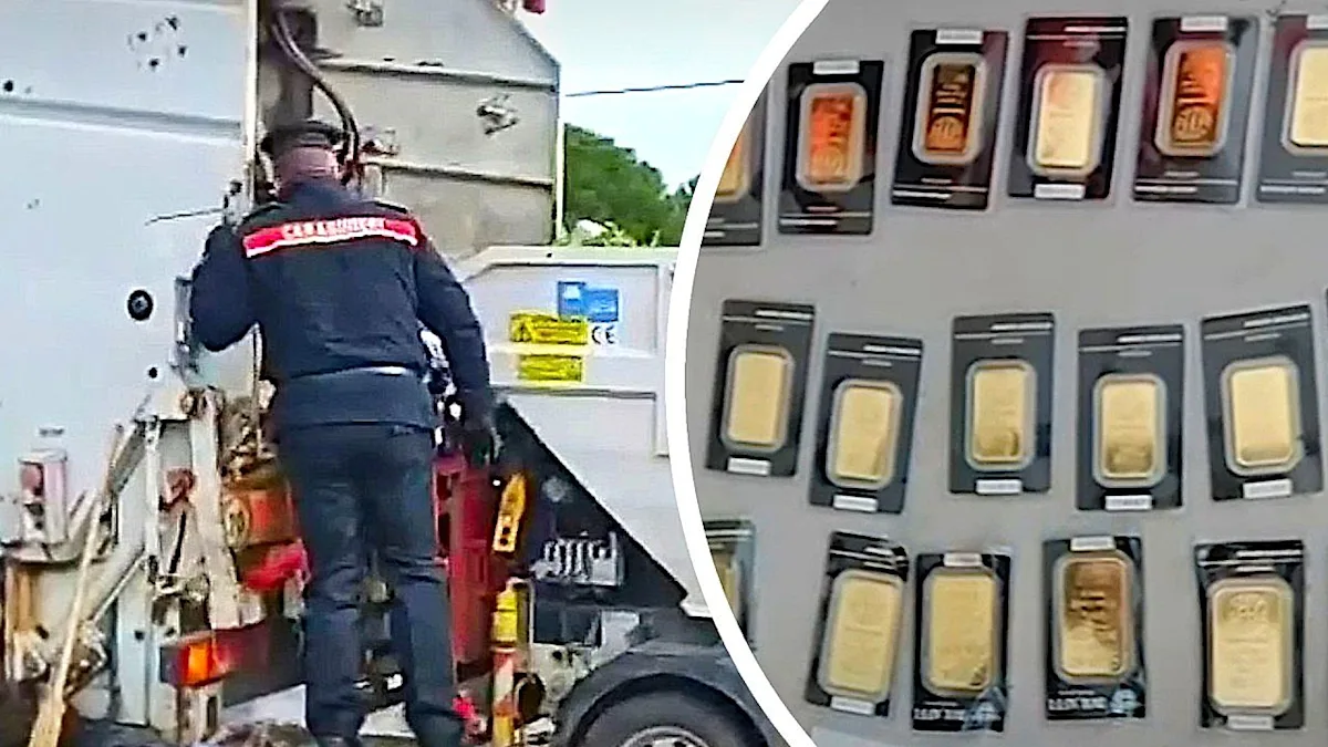 A pile of gold bars with a bin in the background, representing the £100,000 worth of gold bars tossed in the trash, with police racing to the landfill to recover the precious metal, in a shocking incident that has raised concerns about waste management and security