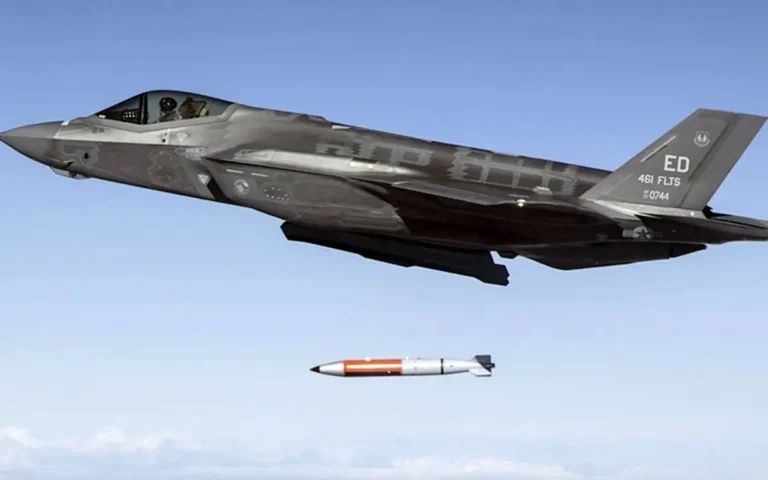 A graphic illustration of a small nuclear weapon, with a cityscape in the background, representing Europe's new defence strategy with small nukes