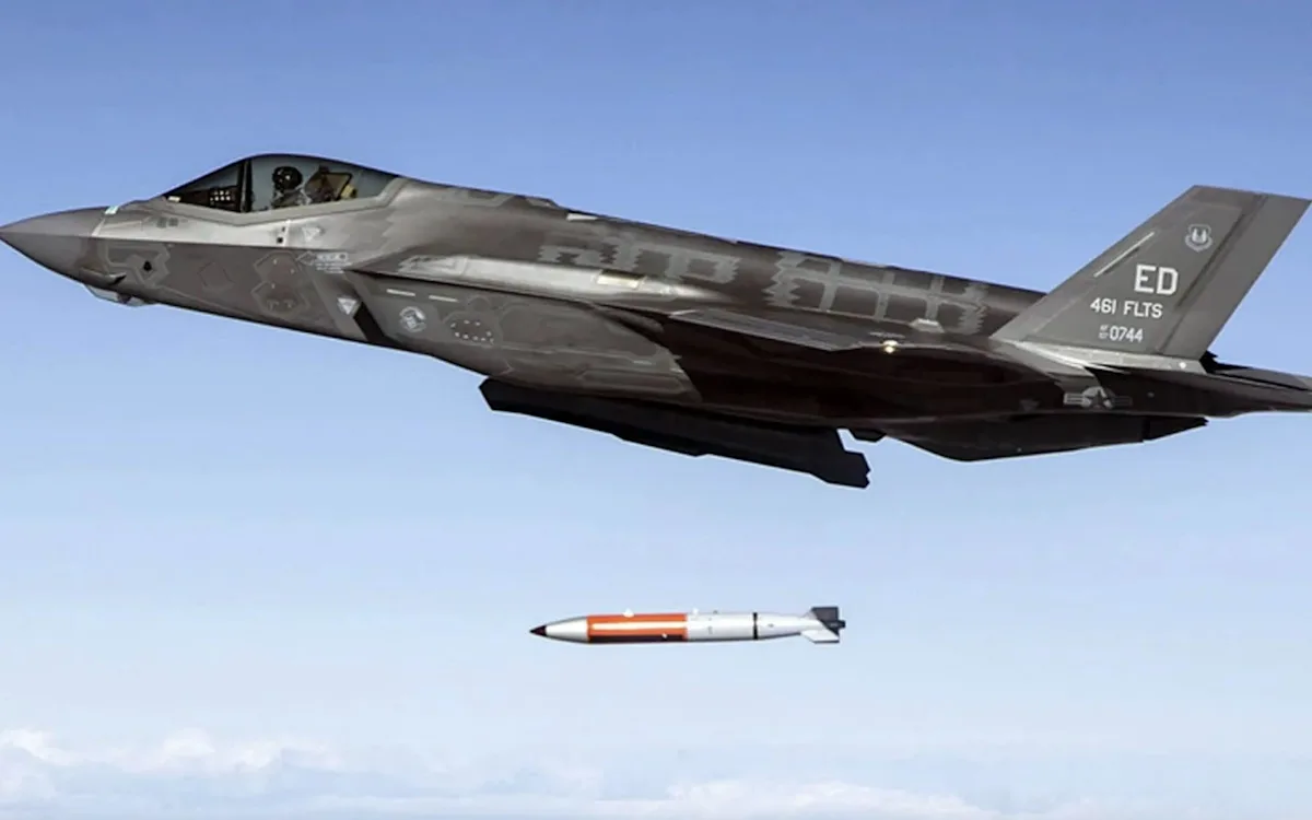 A graphic illustration of a small nuclear weapon, with a cityscape in the background, representing Europe's new defence strategy with small nukes