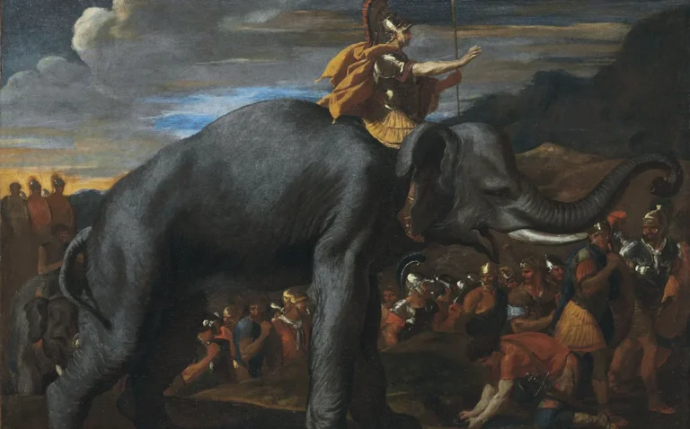 A descriptive illustration of Hannibal's elephants marching across the European landscape, highlighting the primary keyword of ancient history and the colour and sound of the majestic creatures