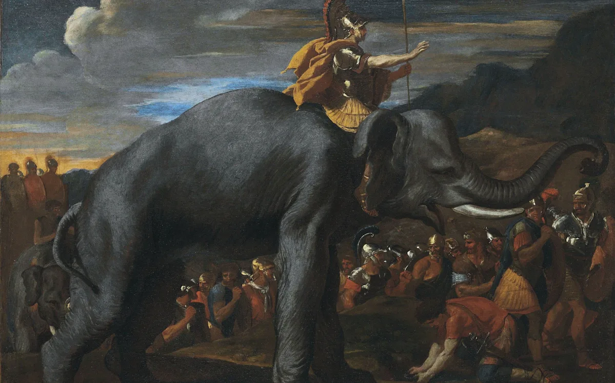 A descriptive illustration of Hannibal's elephants marching across the European landscape, highlighting the primary keyword of ancient history and the colour and sound of the majestic creatures