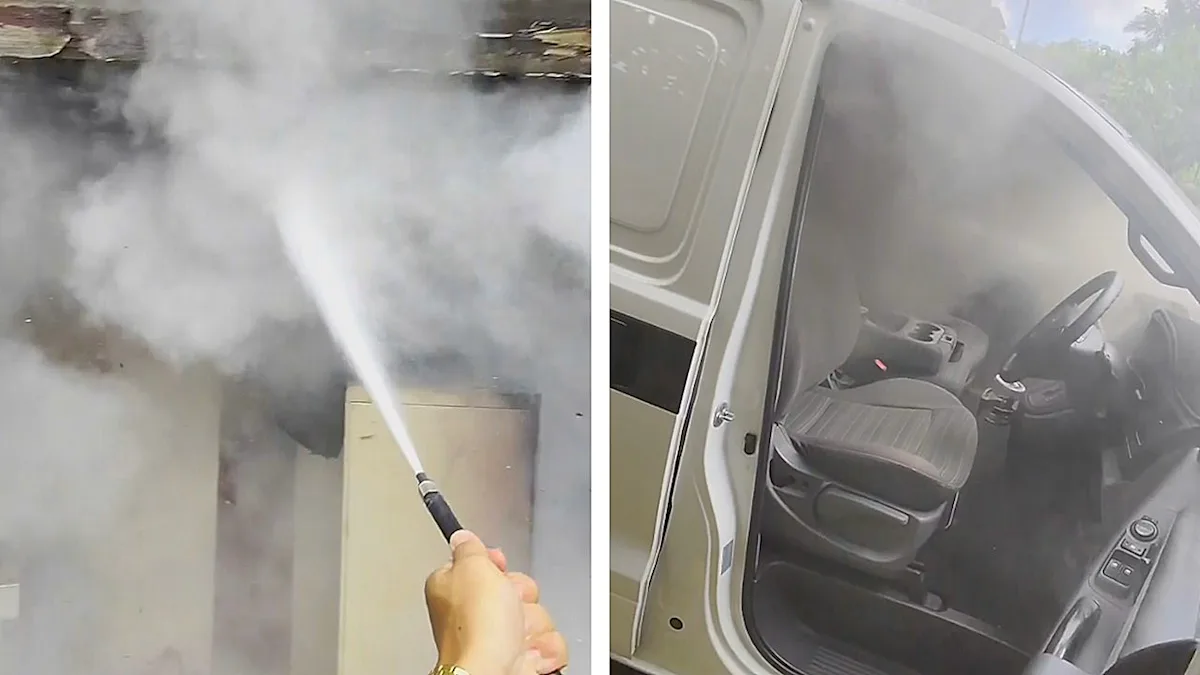 A burning car being moved away from a house fire in Australia by a heroic bystander, with flames and smoke billowing into the air, as people watch in the background, with a focus on the heroic bystander