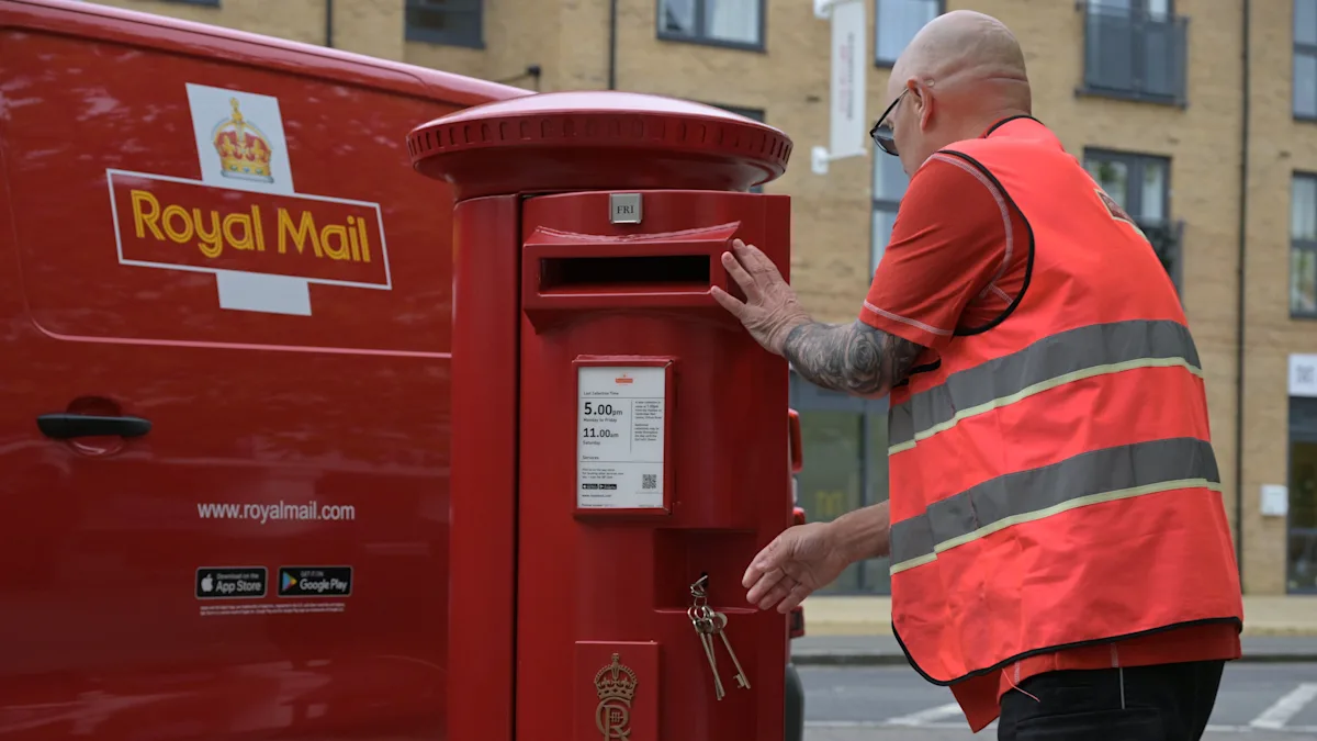 Royal Mail van parked outside a postal office, with a union representative and Royal Mail executive discussing reforms and target misses, highlighting the need for cooperation and adaptability in the postal service industry