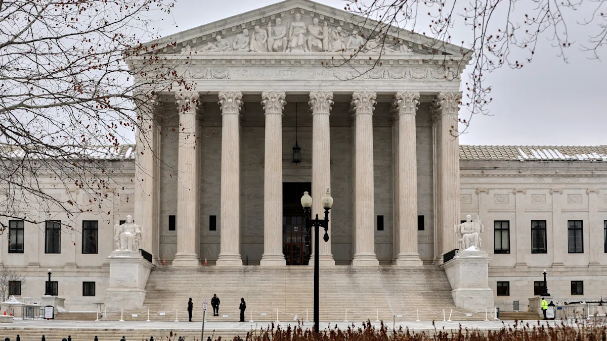 The US Supreme Court building in Washington D.C., with a flag flying high in the foreground, symbolising the court's role in shaping trade policy and upholding the law, with the primary keyword being US Supreme Court
